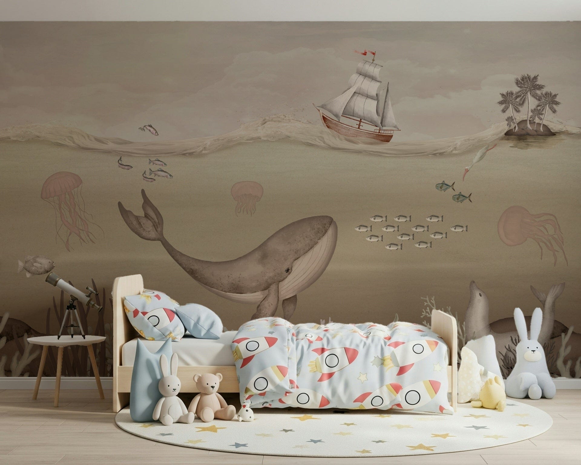 Ocean whale mural behind bed, modern coastal wallpaper with soft light rays and blue shades