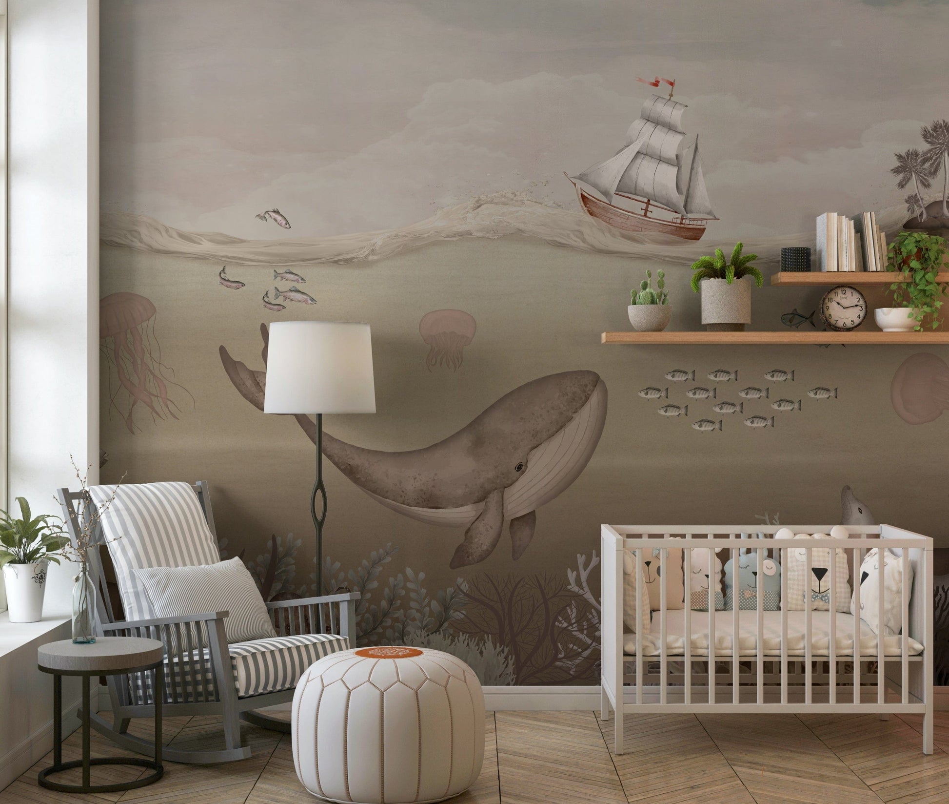 Whale’s Journey Wall Mural in bedroom, serene underwater scene with soft light, blue color palette