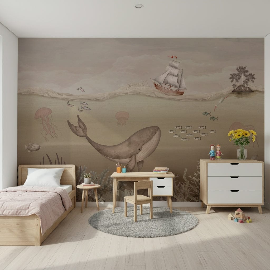 Whale’s Journey Wall Mural in reading nook, underwater whale scene for a quiet, modern corner