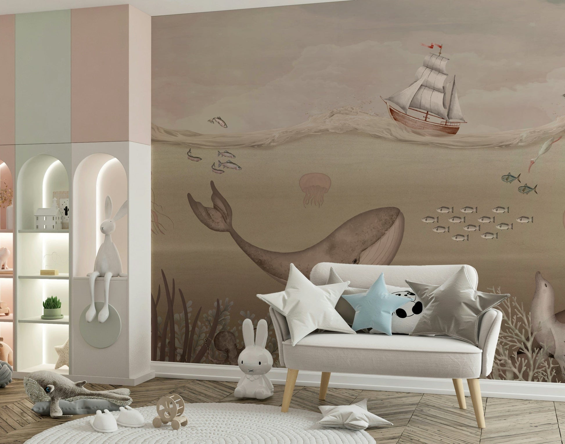 Coastal dining room wall mural with whale in deep sea setting, modern wall decor.