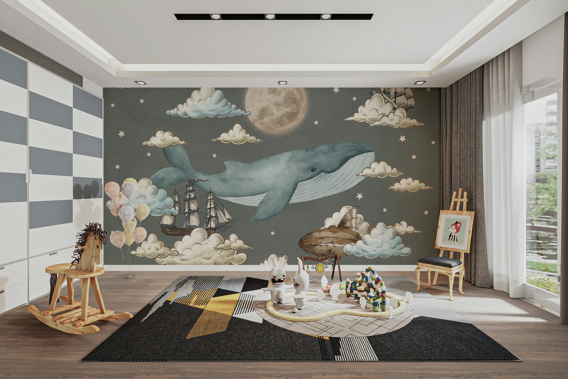 The design might include hot air balloons or other flying objects.

