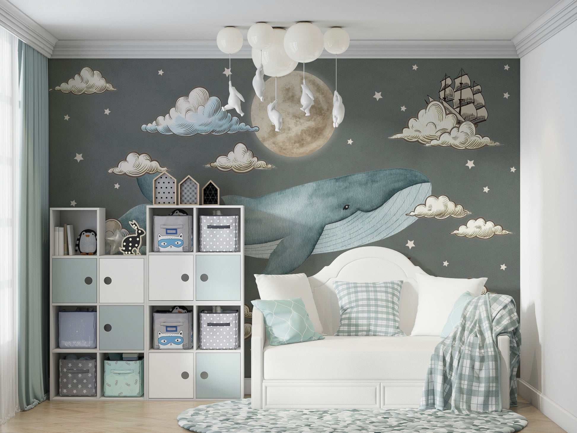 The scene features soft clouds and a light blue sky.

