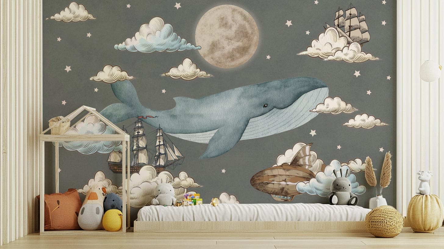 A peaceful wall mural with a whimsical sky scene.

