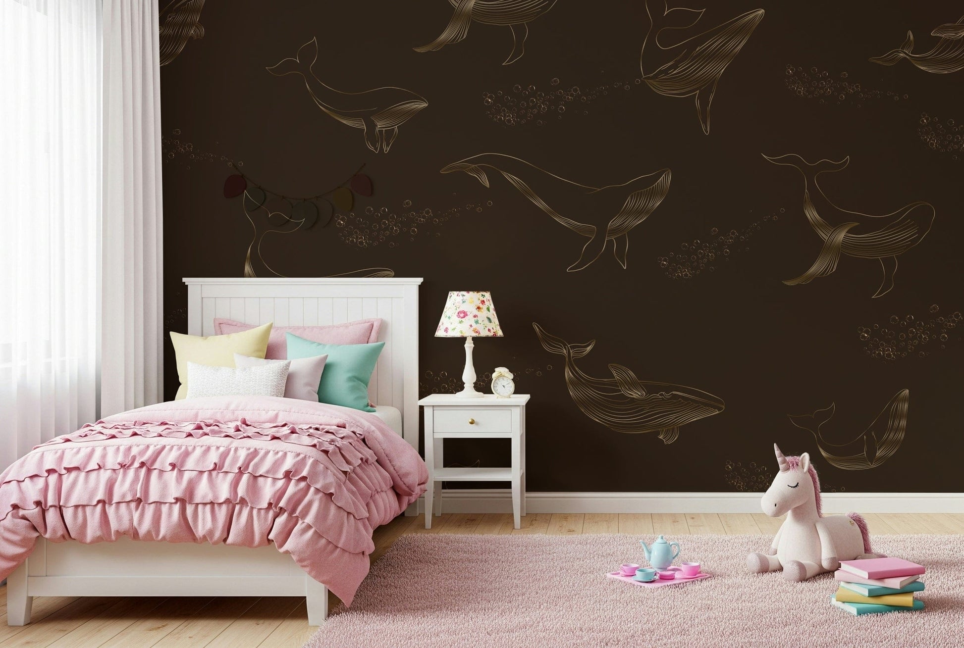 Blue whale illustrations for a minimalist nursery wall.