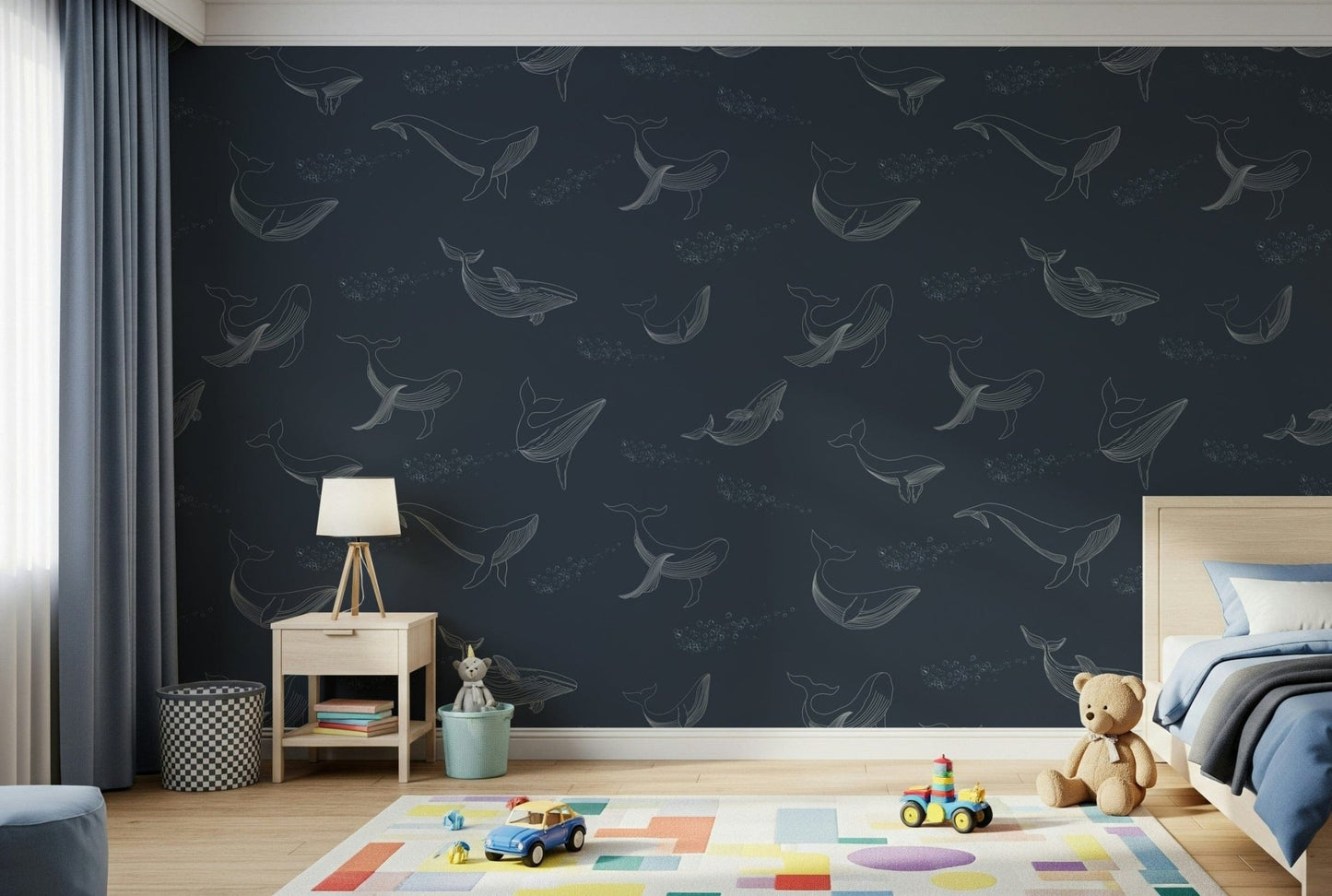 Blue and white ocean mural for a master bedroom accent wall.