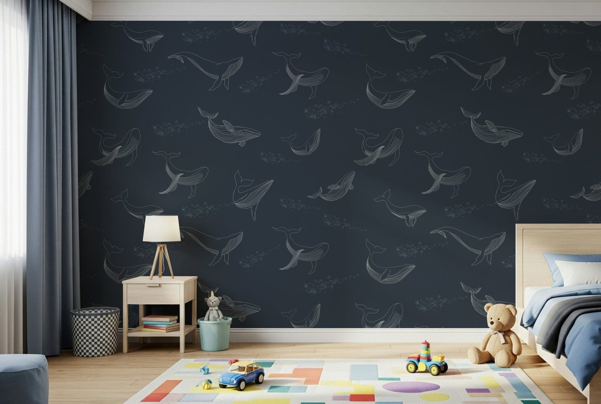 Blue and white ocean mural for a master bedroom accent wall.