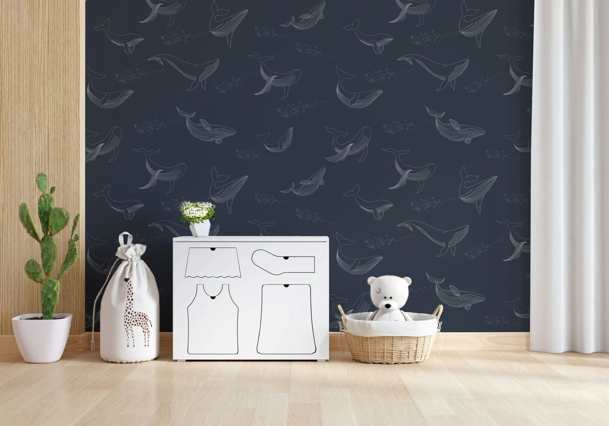 Calming blue ocean scene wallpaper for a guest bedroom suite.