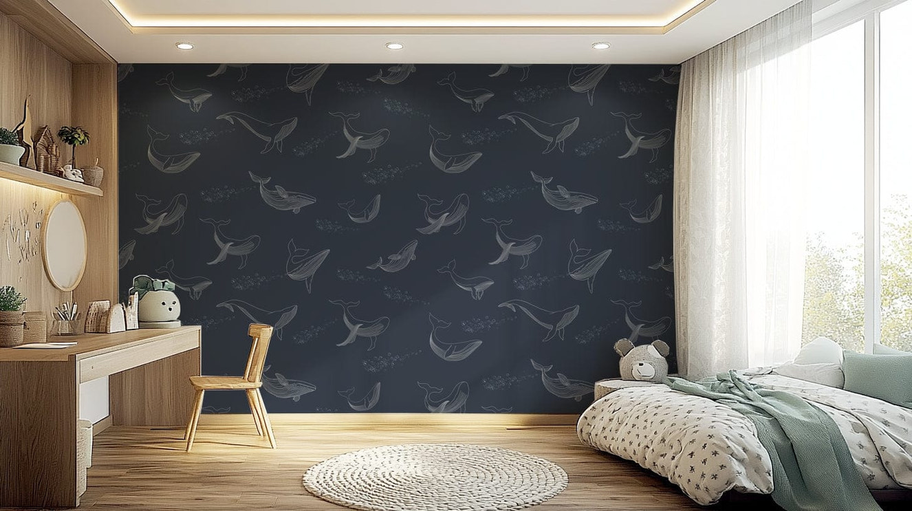 Large whale wall decor in a minimalist living room apartment setting.