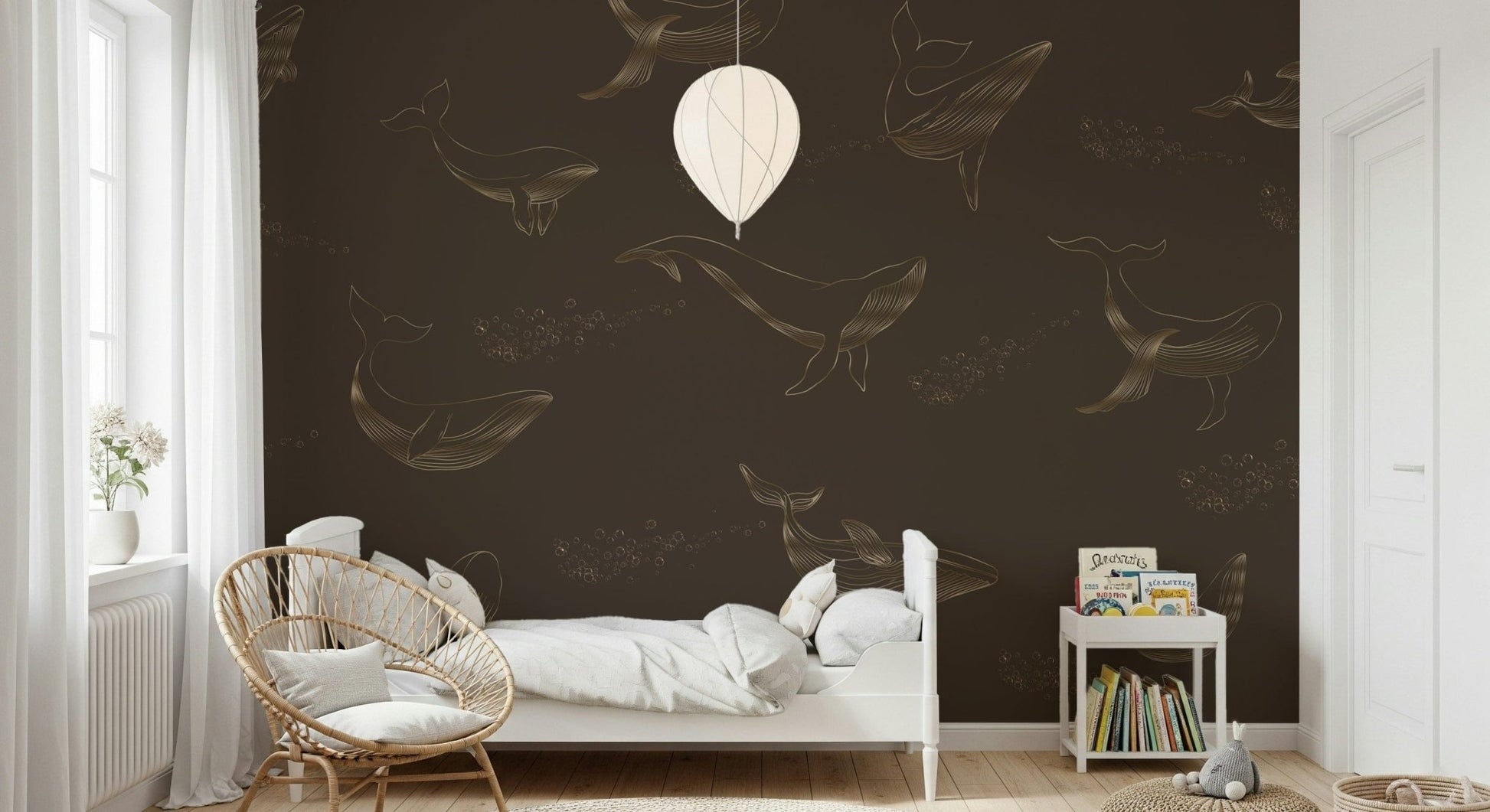 Ocean themed wallpaper in a calm master suite area.