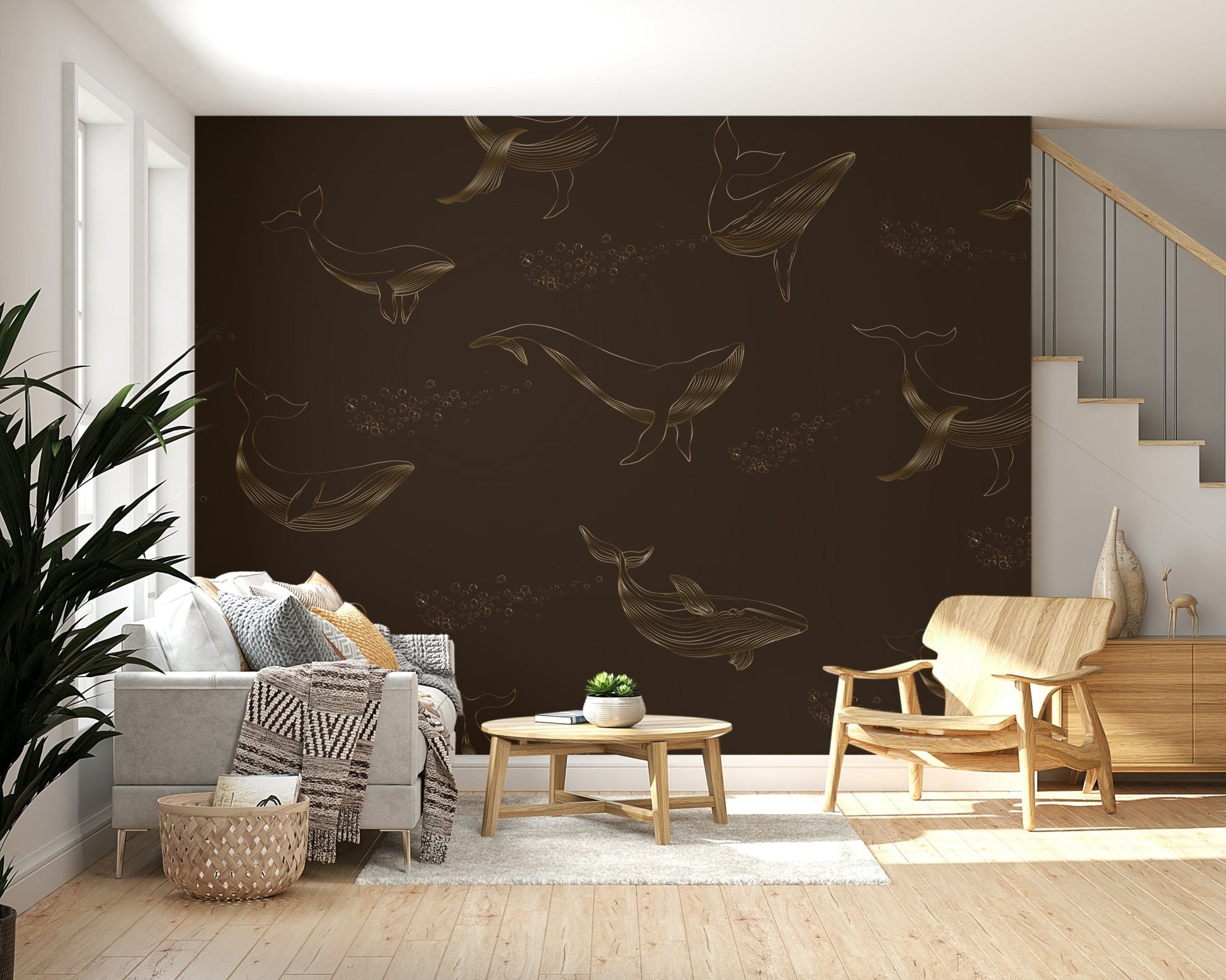 Close up of a swimming whale on textured wallpaper.