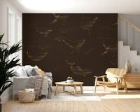 Close up of a swimming whale on textured wallpaper.