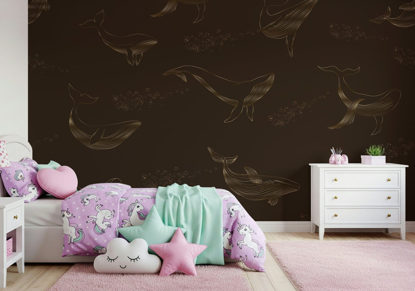 Whale Song Wall Mural used as a nursery feature wall.