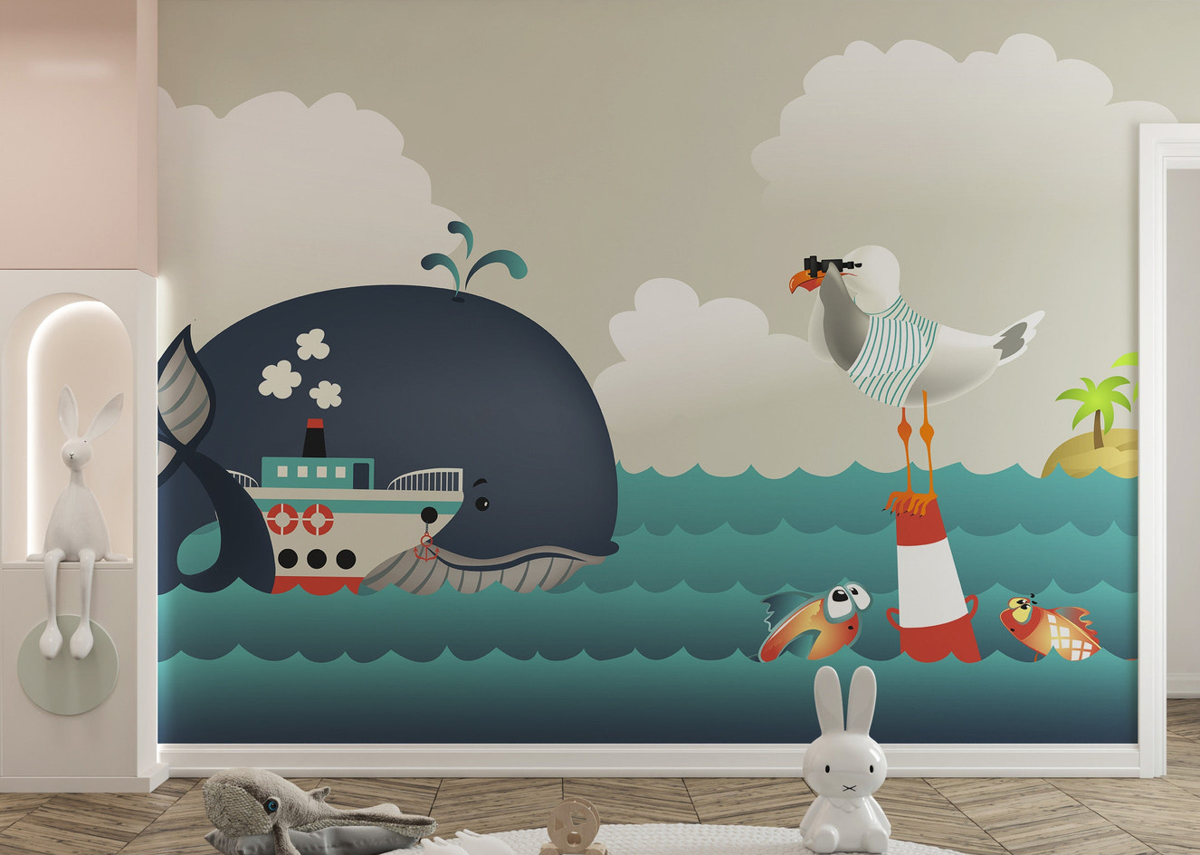 Whale & Steamer Kids Wallpaper Mural - Giffywalls