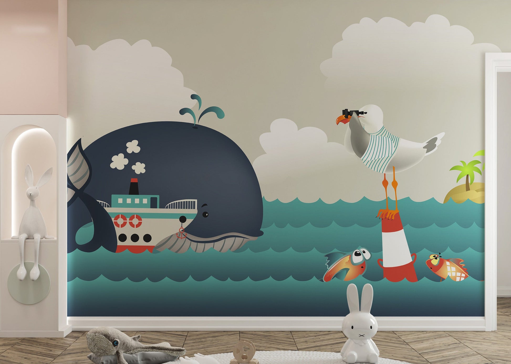 Whale & Steamer Kids Wallpaper Mural - Giffywalls