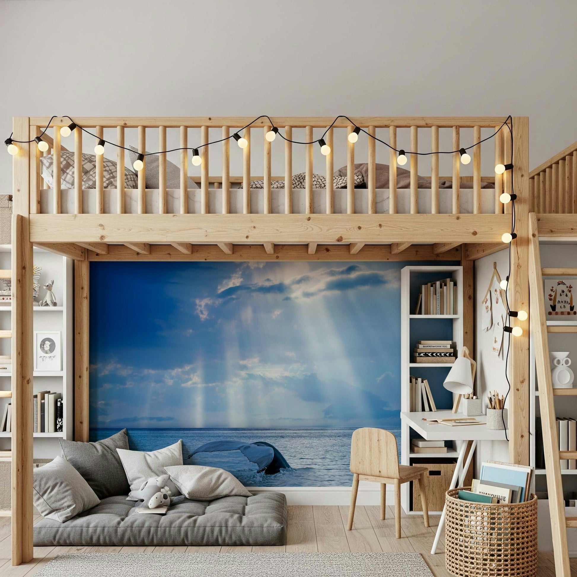 Ocean’s Grace Wall Mural behind a beige sofa, calm sea pattern in a modern apartment lounge