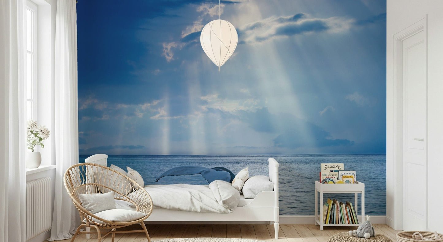Ocean’s Grace Wall Mural in a modern bedroom, calm water design with light blue color accents