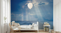 Ocean’s Grace Wall Mural in a modern bedroom, calm water design with light blue color accents