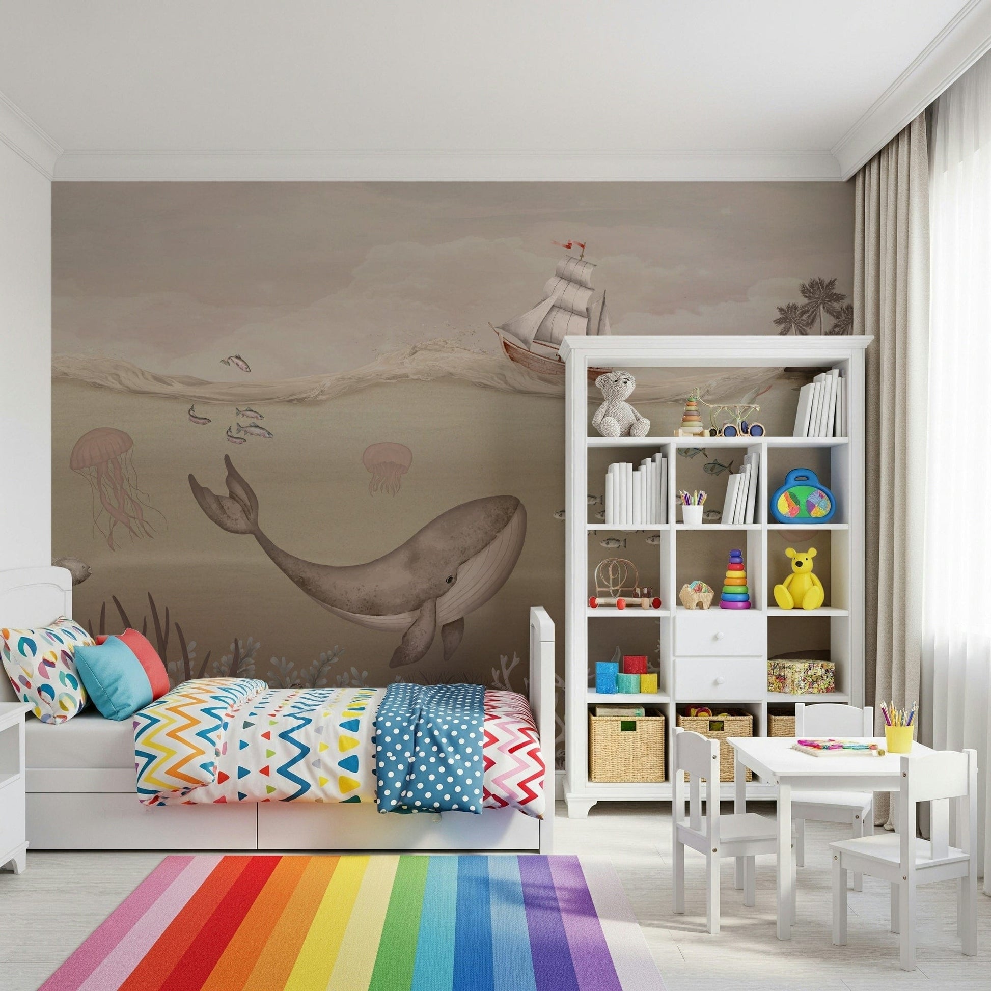 Nursery wall mural with whale and flowing waves, calming blue wall decor for a peaceful room
