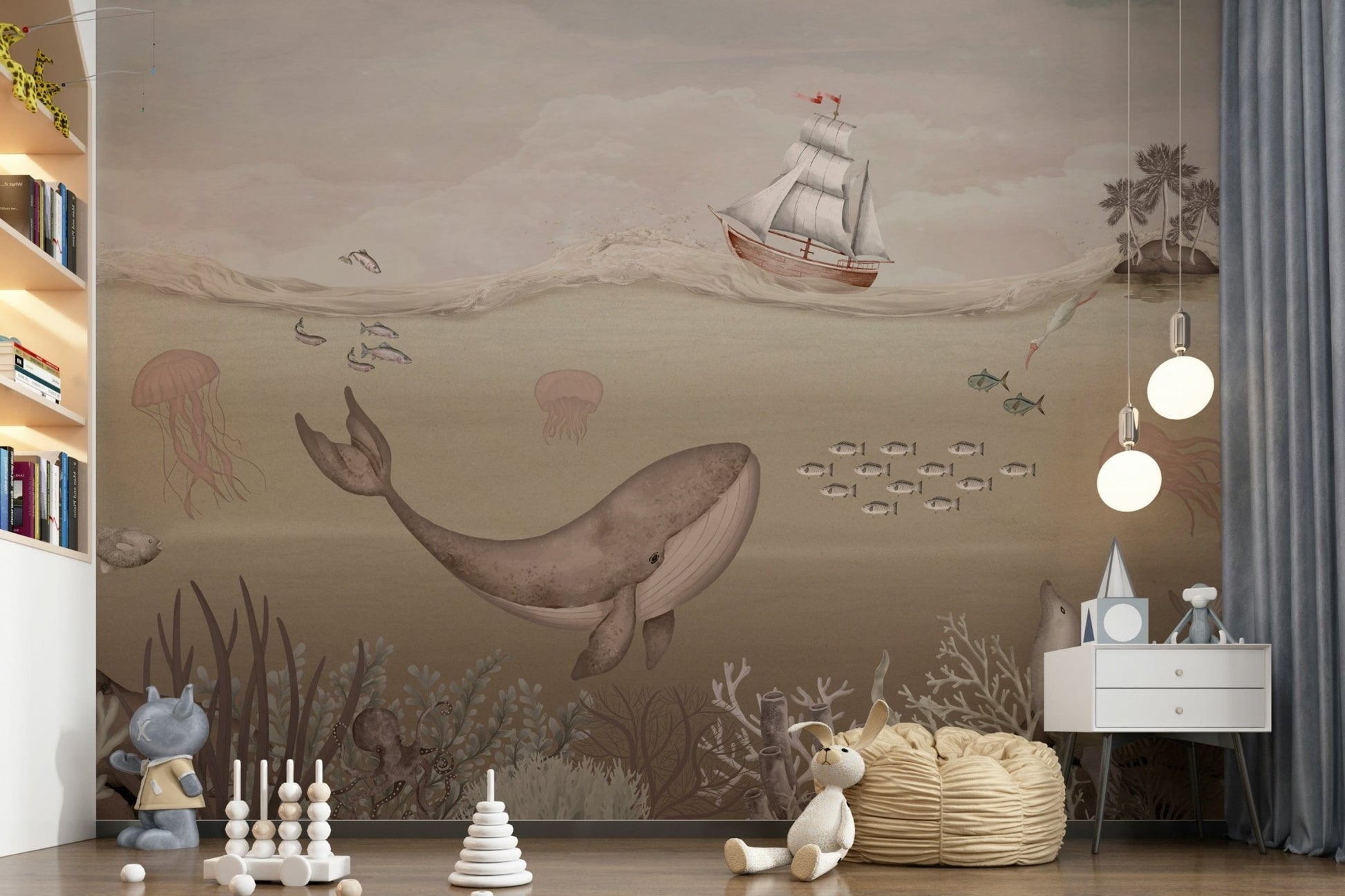 Whale mural in kids bedroom, gentle ocean scene with whale silhouette, soothing blue wall decor