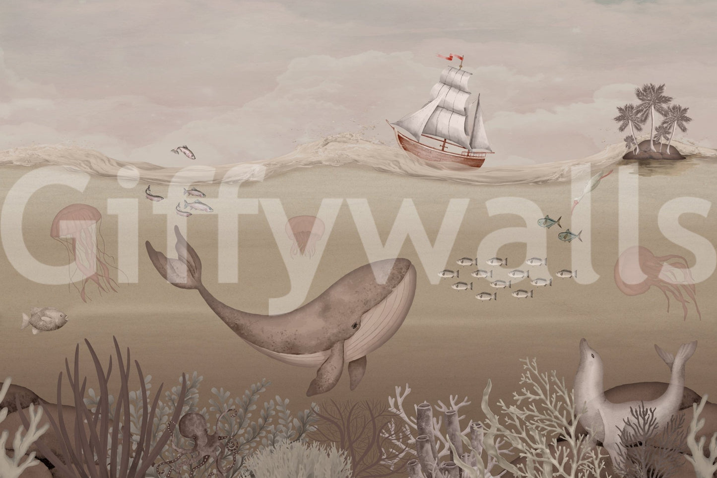 Whale swimming through calm ocean mural on living room feature wall.