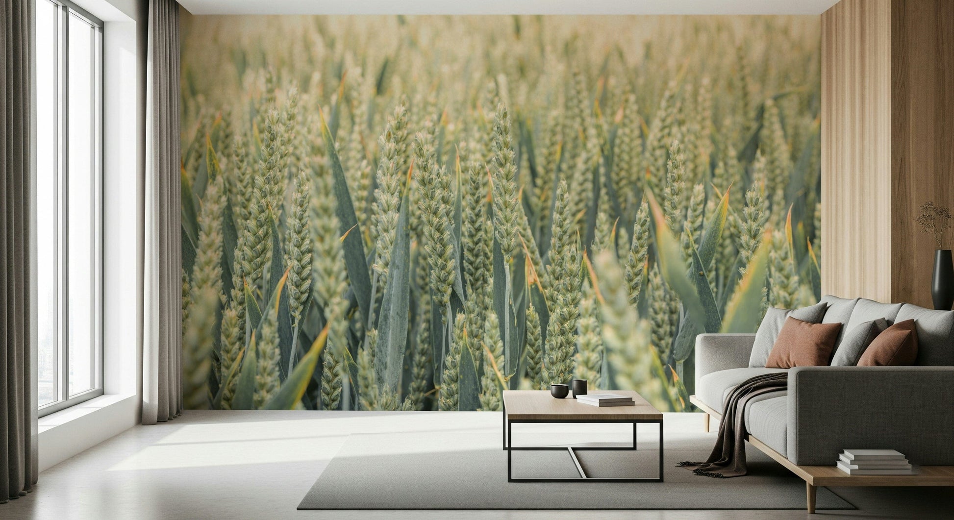 A warm-toned wheat wallpaper capturing the gentle movement of sunlit fields.