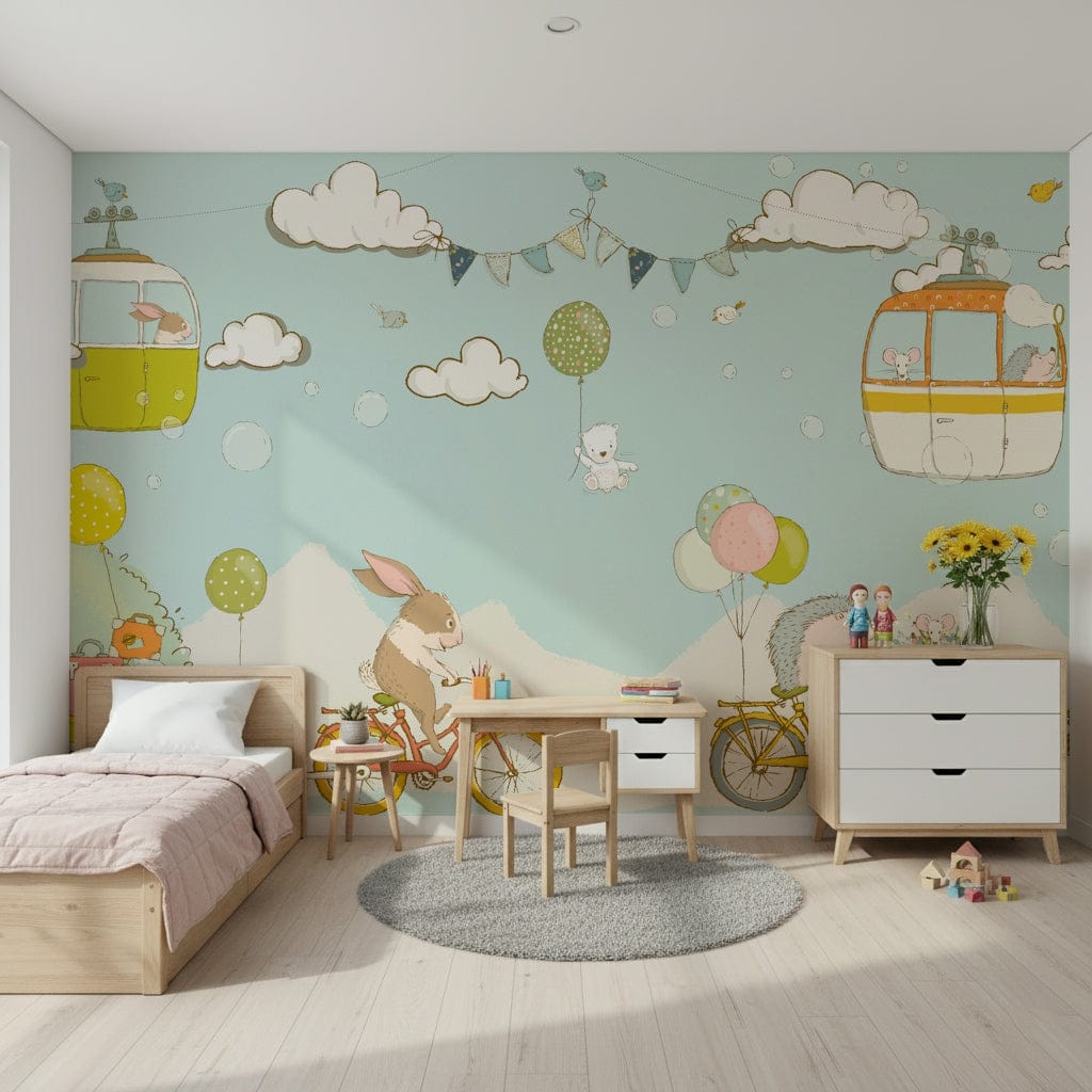 Animal Adventures wallpaper mural with rabbits, hedgehogs and cable cars on mint sky in a kids room with wood bed and white dresser