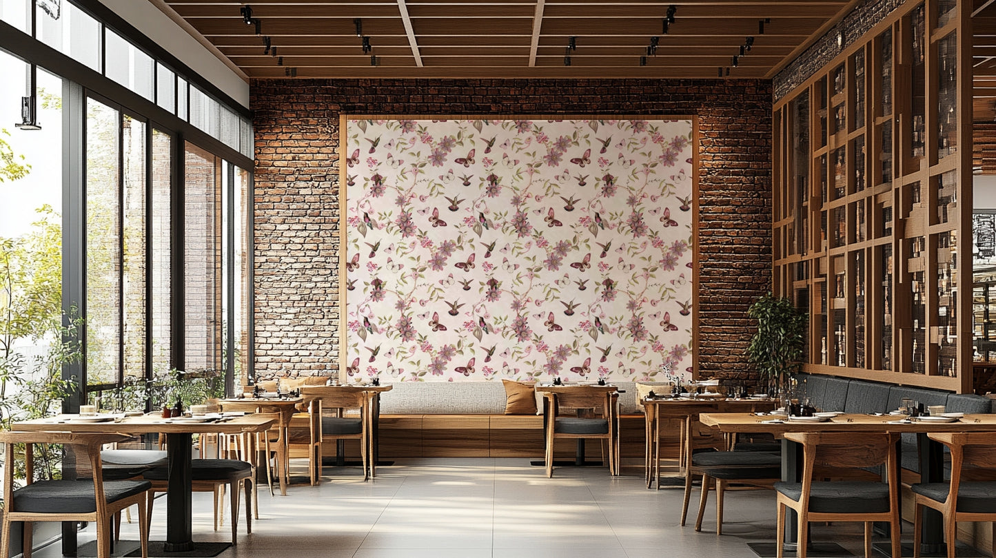 Whimsical botanical wall design with graceful flying butterflies.

