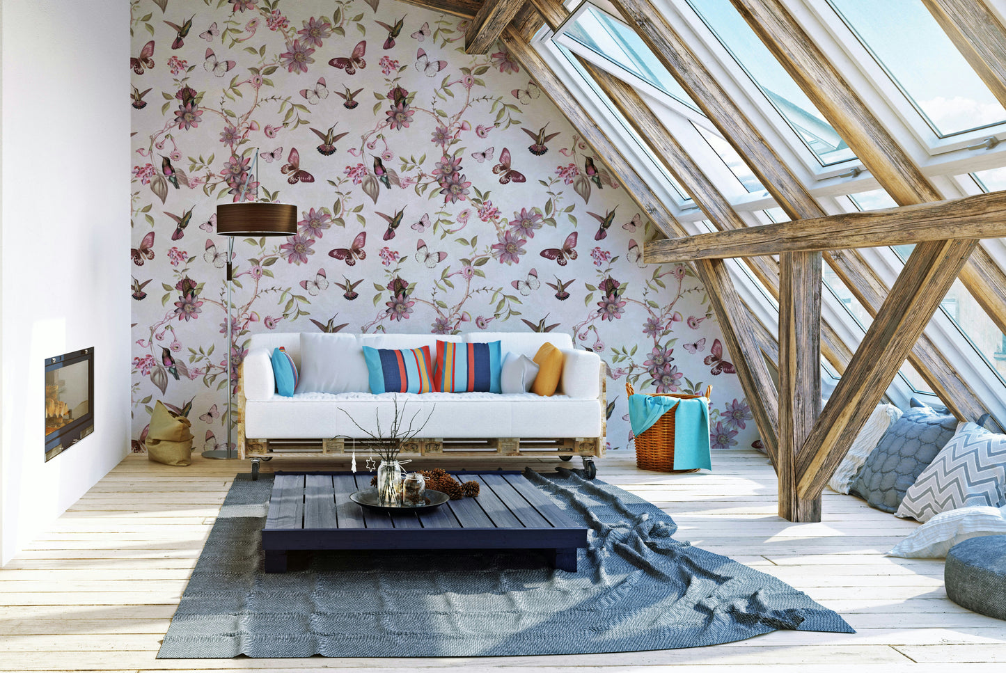 Nature-inspired wallpaper with vintage-style flora and fauna.

