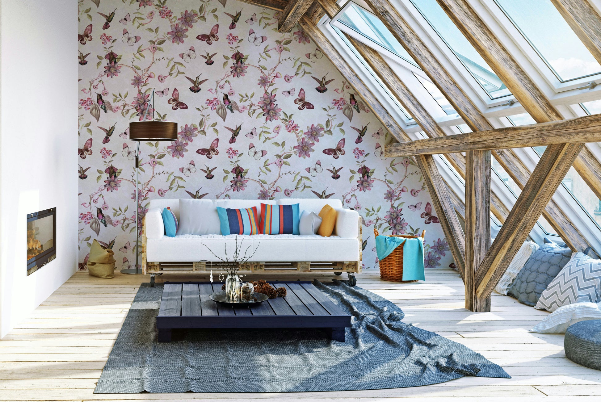 Nature-inspired wallpaper with vintage-style flora and fauna.

