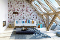Nature-inspired wallpaper with vintage-style flora and fauna.

