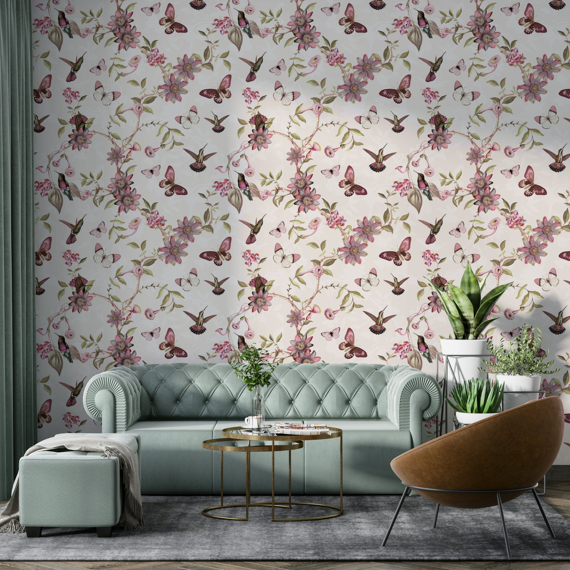 Botanical mural with soft pink, yellow, and lavender flowers.

