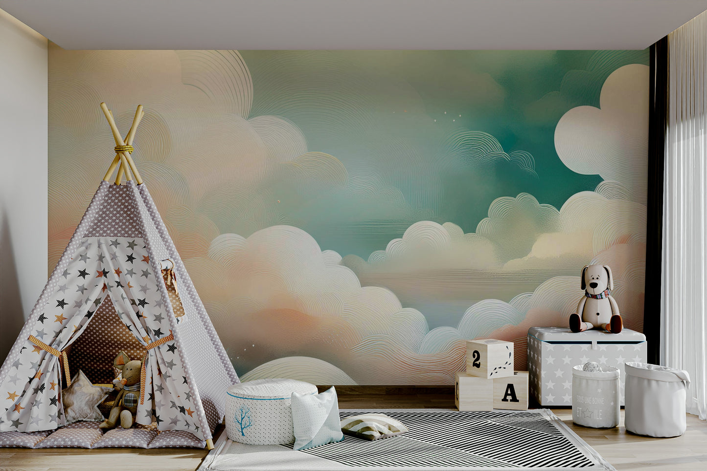 Elegant sky effect wallpaper for a master bedroom with traditional wool rugs.