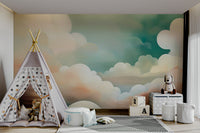 Elegant sky effect wallpaper for a master bedroom with traditional wool rugs.
