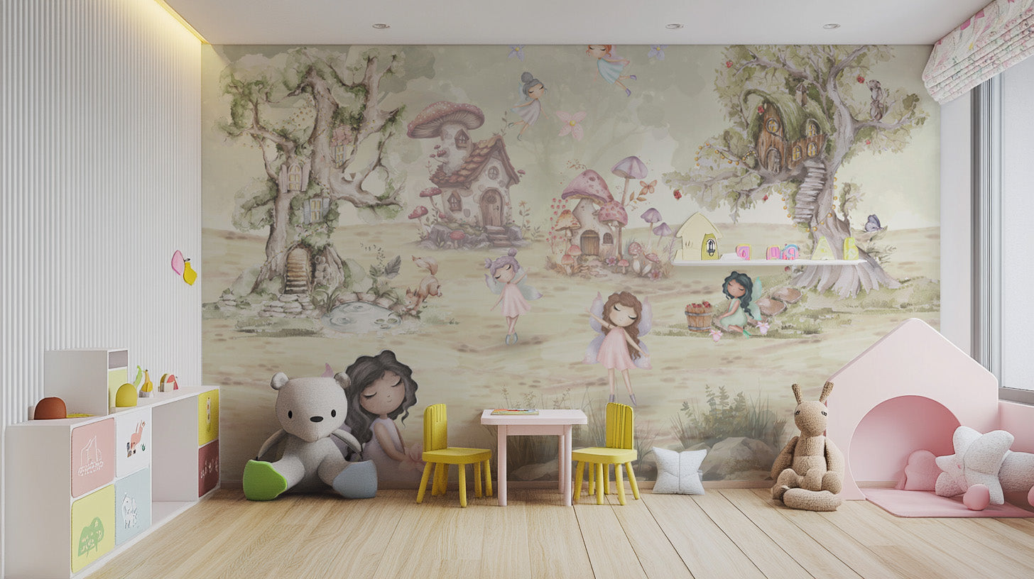 Magical fairy tale wallpaper with mushroom cottages
