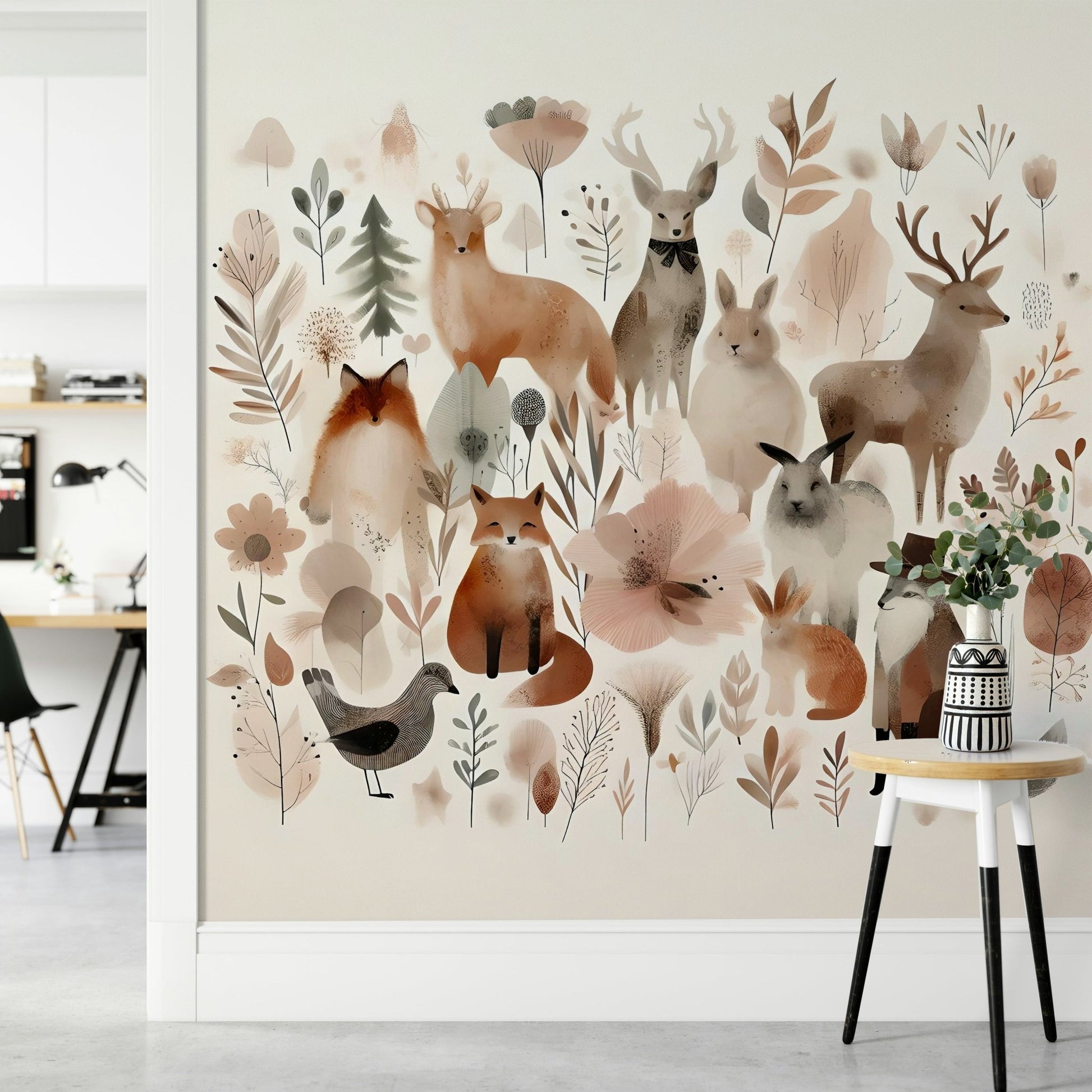Cute animals like rabbits and foxes in the Whimsical Forest mural.

