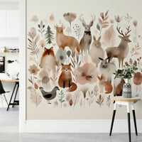 Cute animals like rabbits and foxes in the Whimsical Forest mural.

