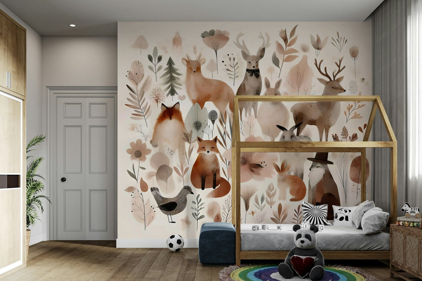 Friendly forest creatures surrounded by trees in wall mural.

