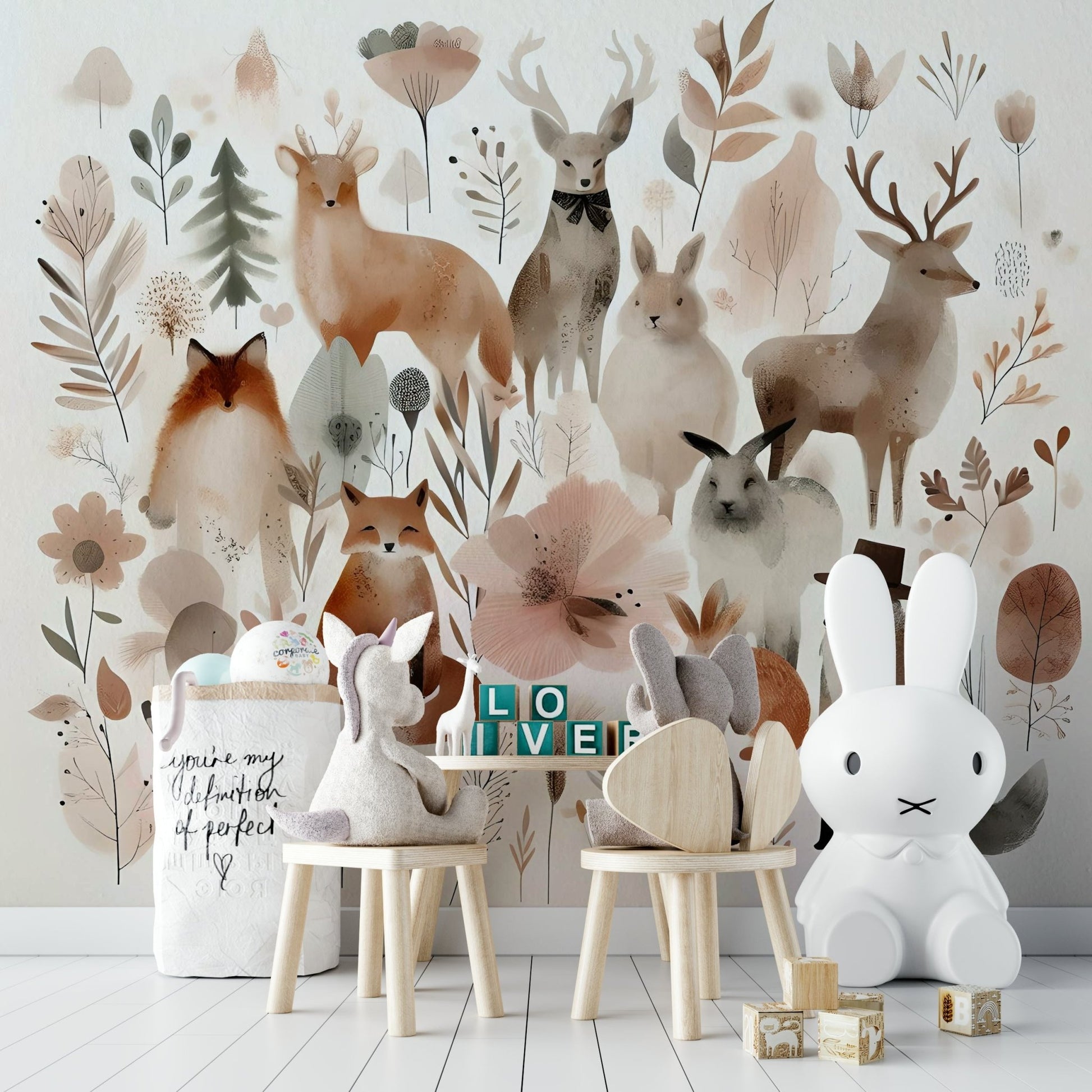 Nature-inspired mural with charming forest friends and greenery.

