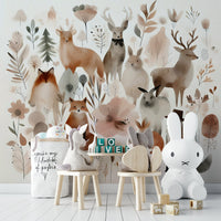 Nature-inspired mural with charming forest friends and greenery.

