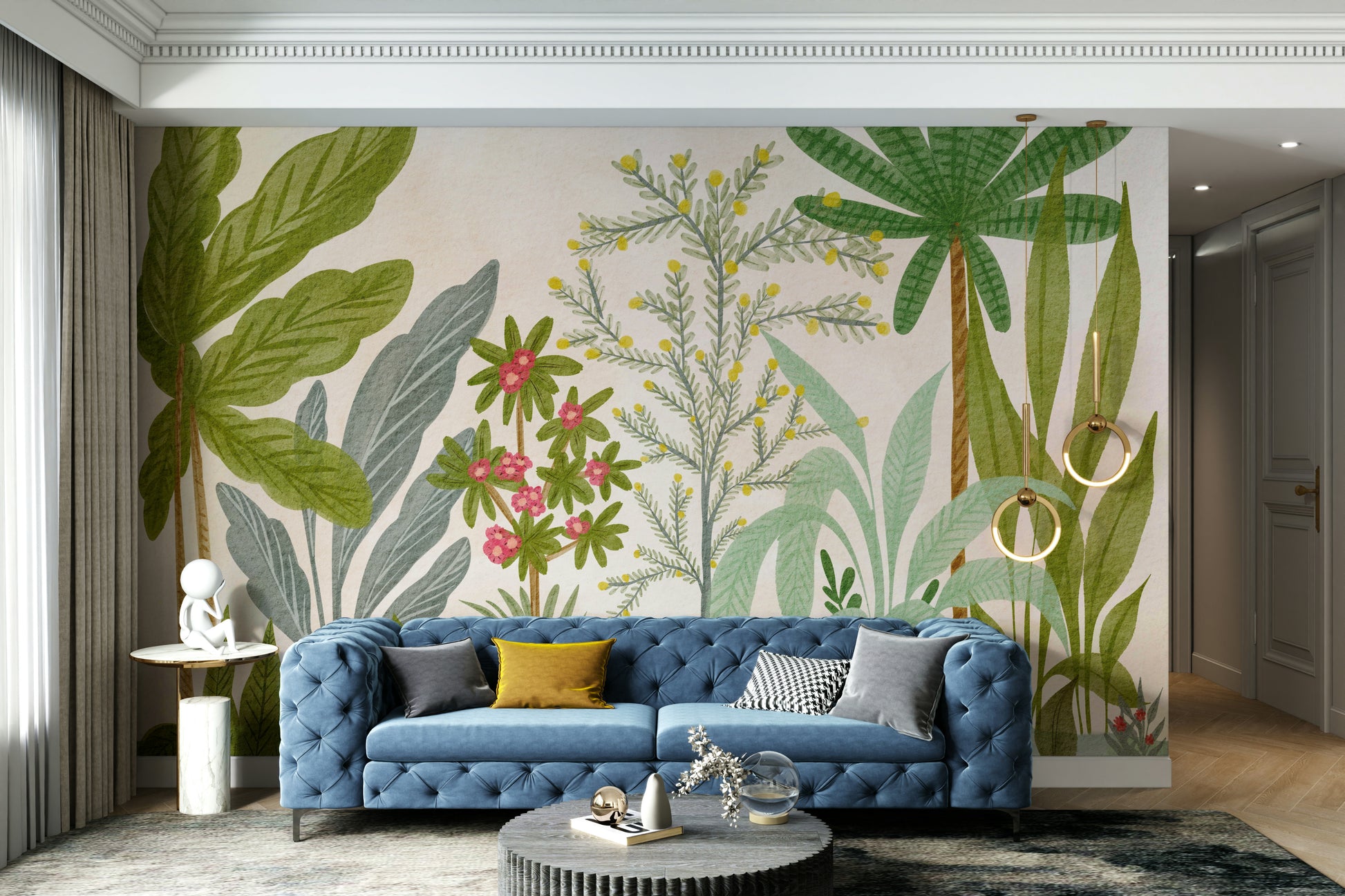 Artistic garden escape mural in lush soft colors

