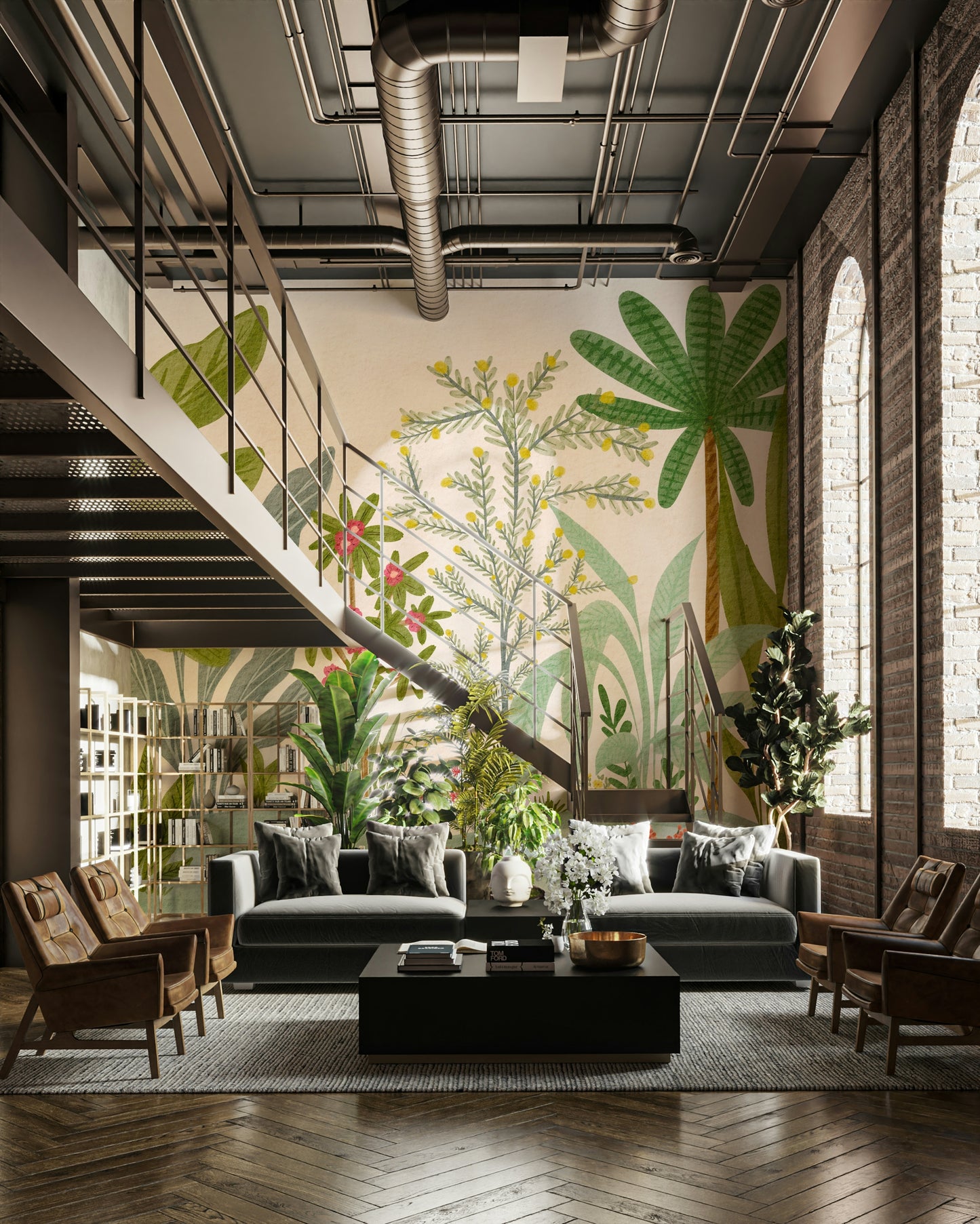 Whimsical nature mural with playful floral patterns

