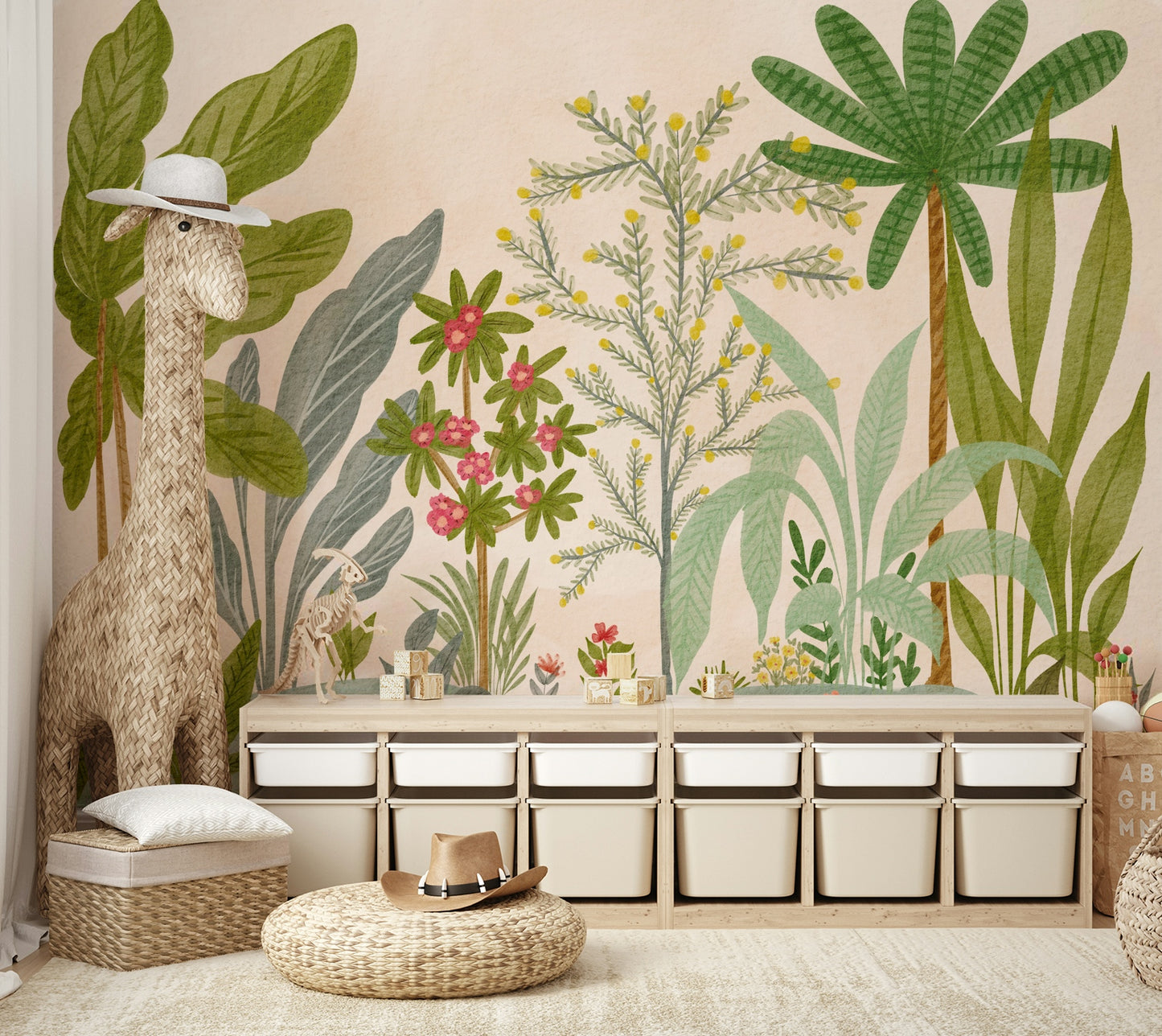 Vibrant botanical mural with a whimsical twist

