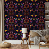 Cozy room with whimsical mural wallpaper

