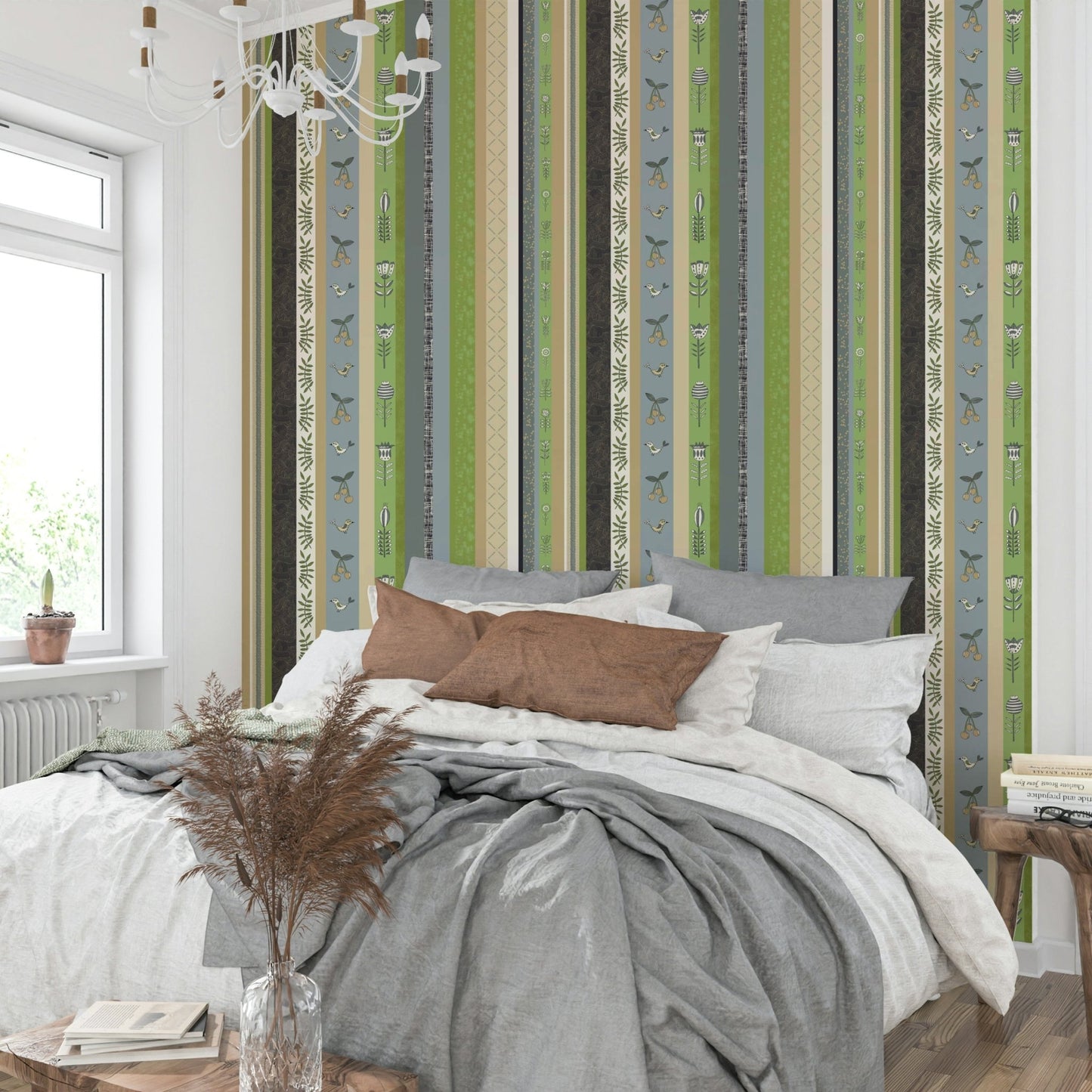Wallpaper with a mix of soft green, blue, and gray.

