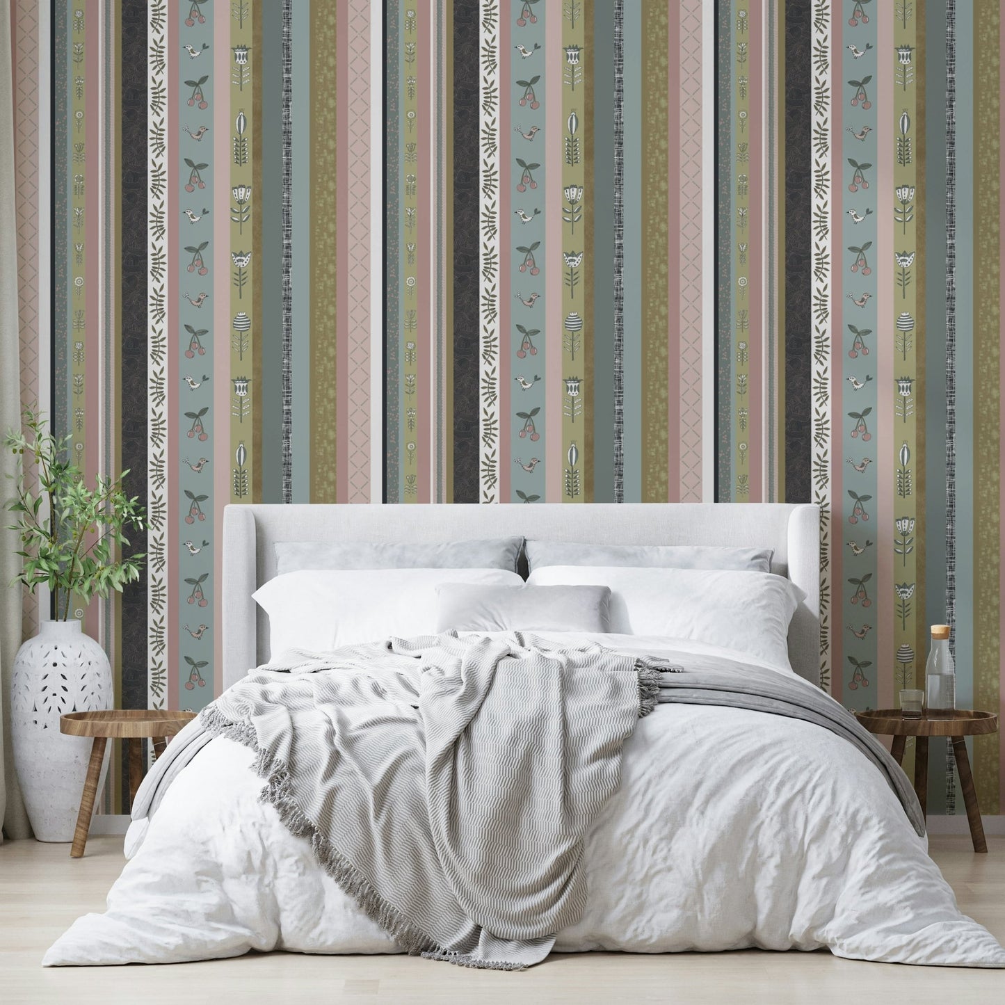 Wallpaper with floral and textured designs.

