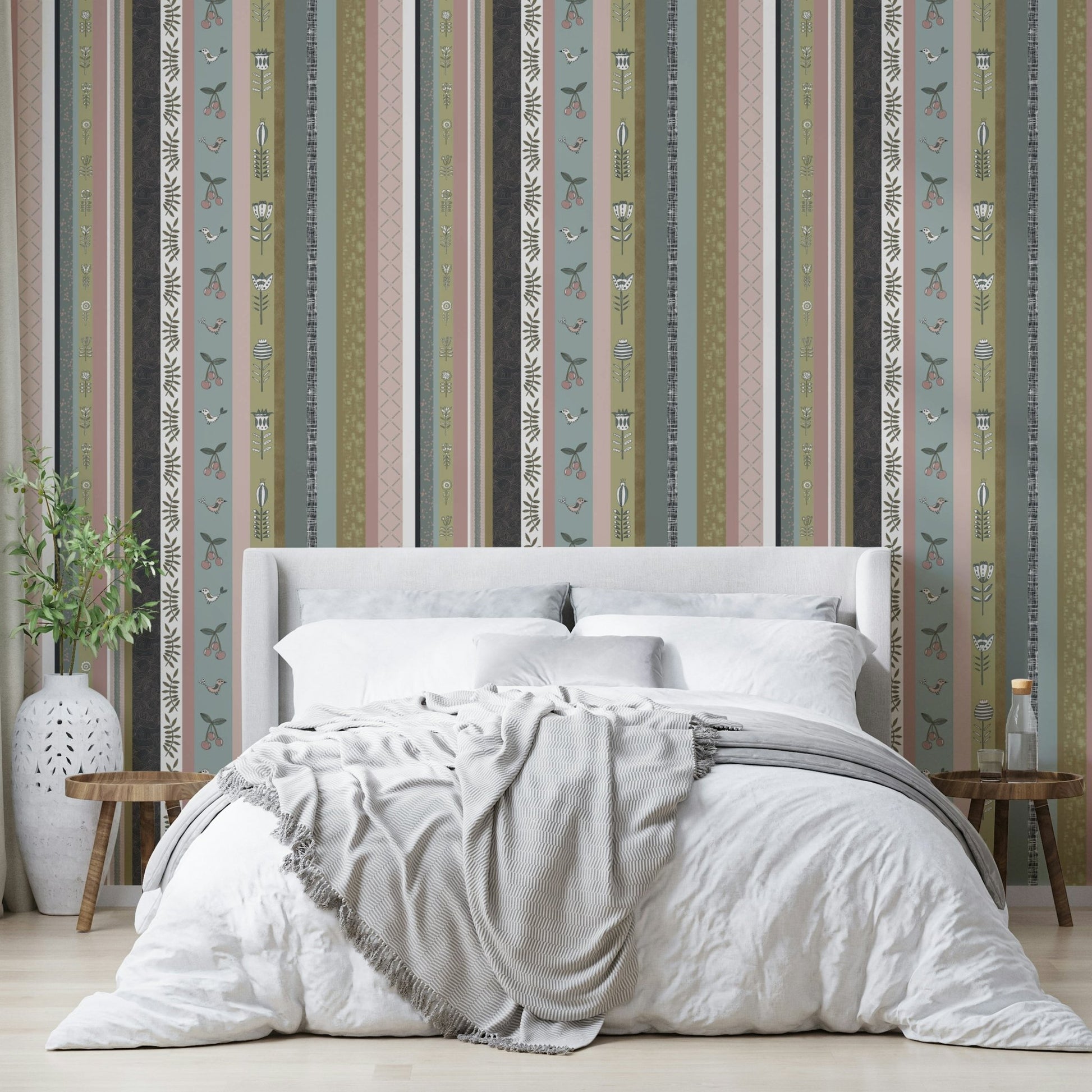 Wallpaper with floral and textured designs.


