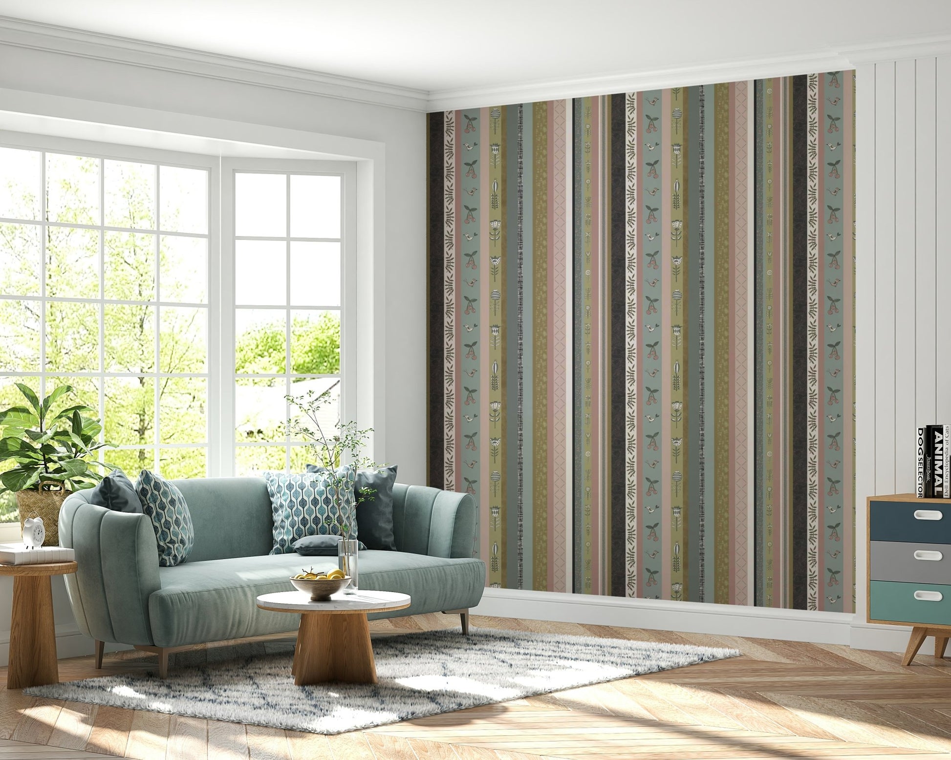 Whimsical Garden Stripes mural for a bedroom.

