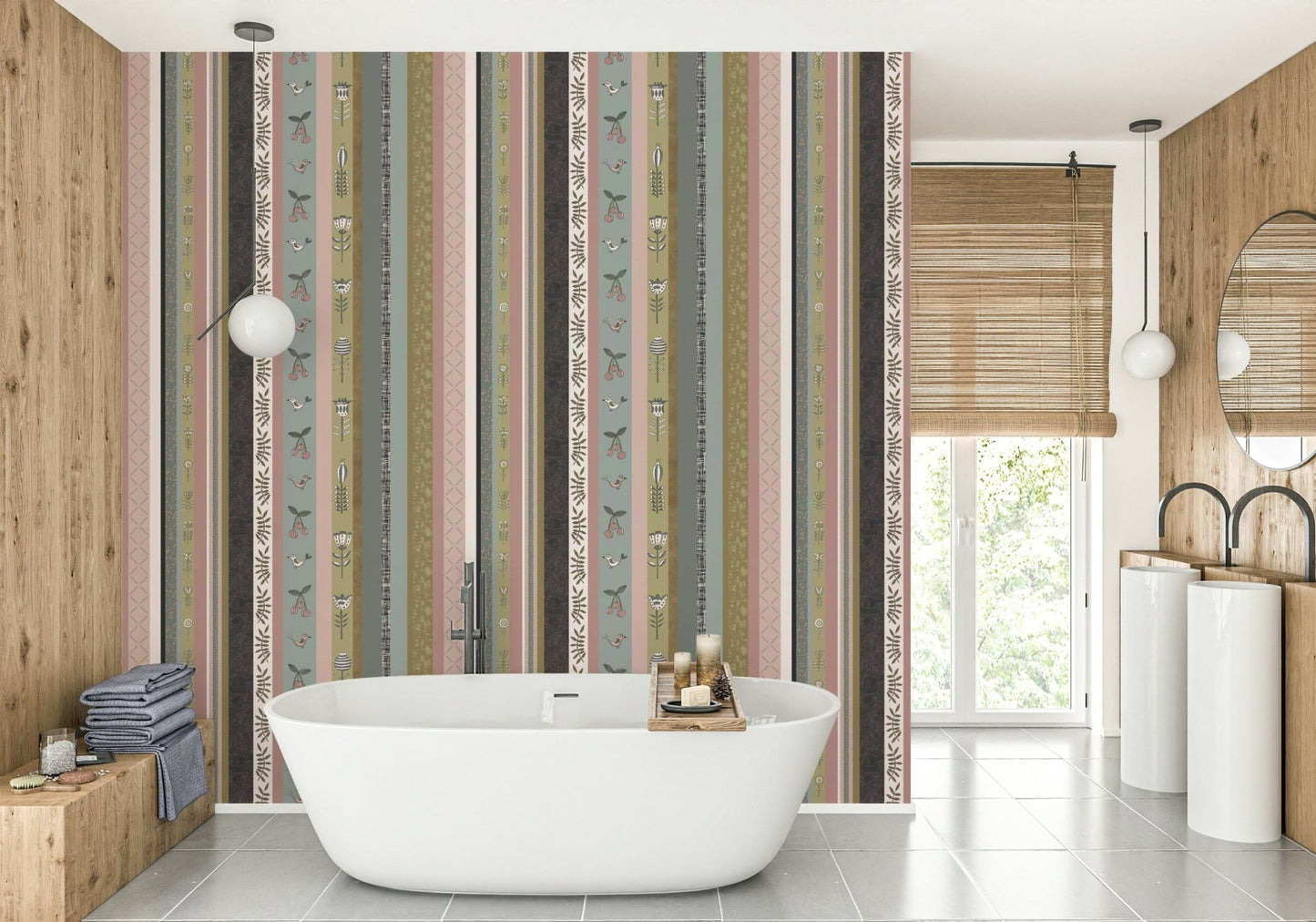 Close-up of a floral stripe on the wallpaper.

