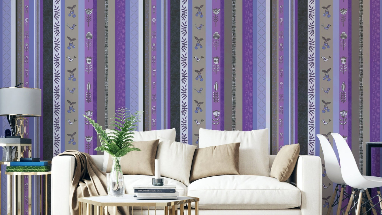 Whimsical Garden Stripes Purple Wallpaper.

