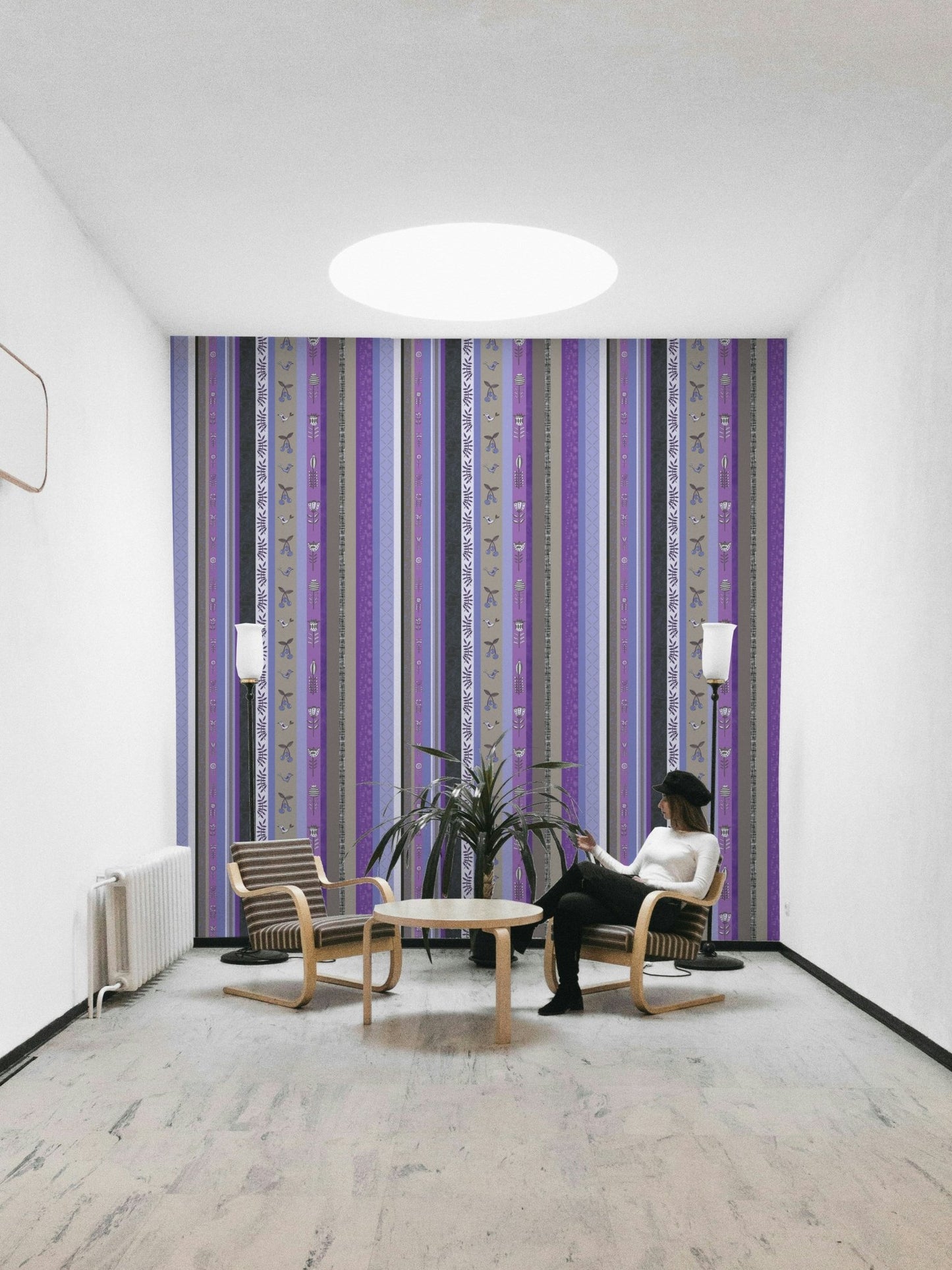 Wallpaper with vertical stripes of different patterns.

